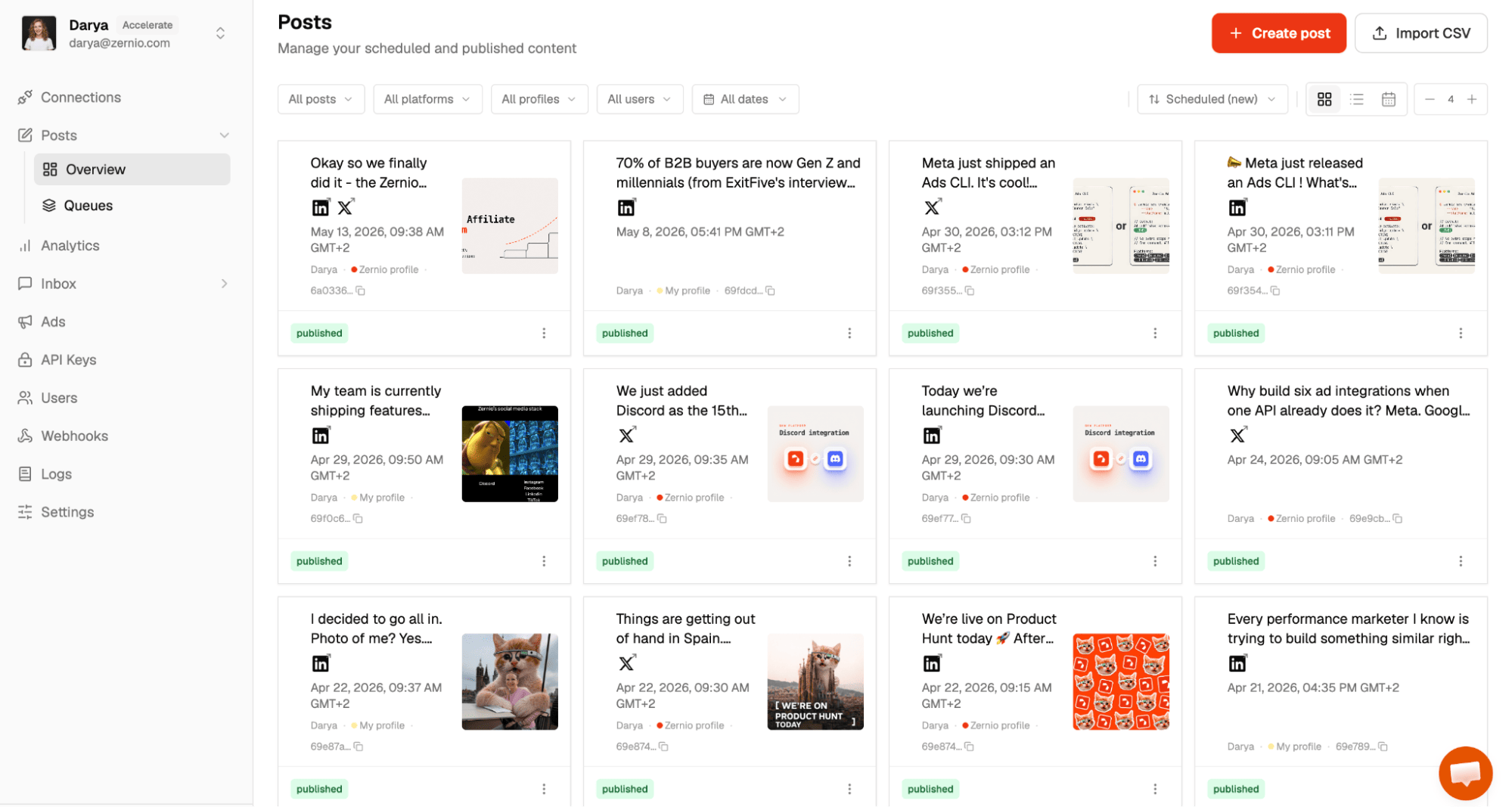 social media posting dashboard in zernio