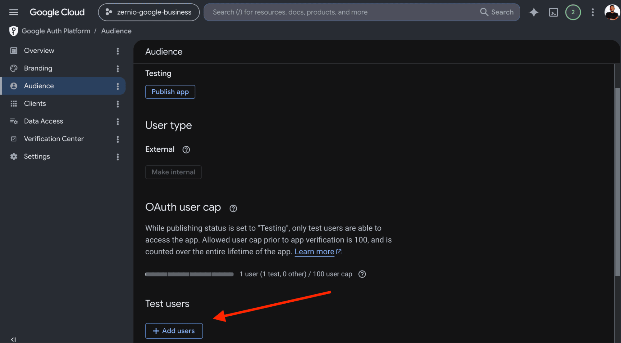 add test user in google business api