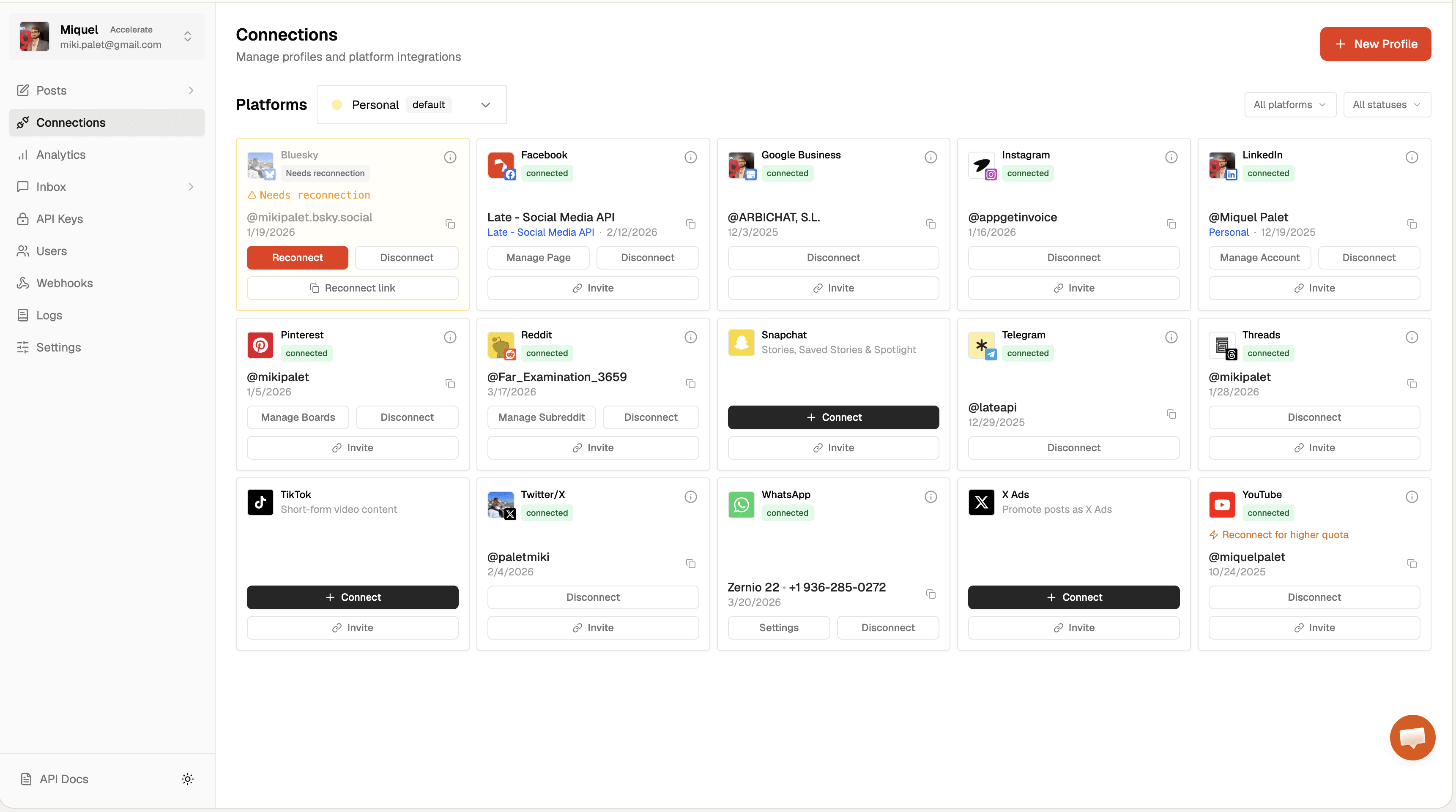 connect social account zernio