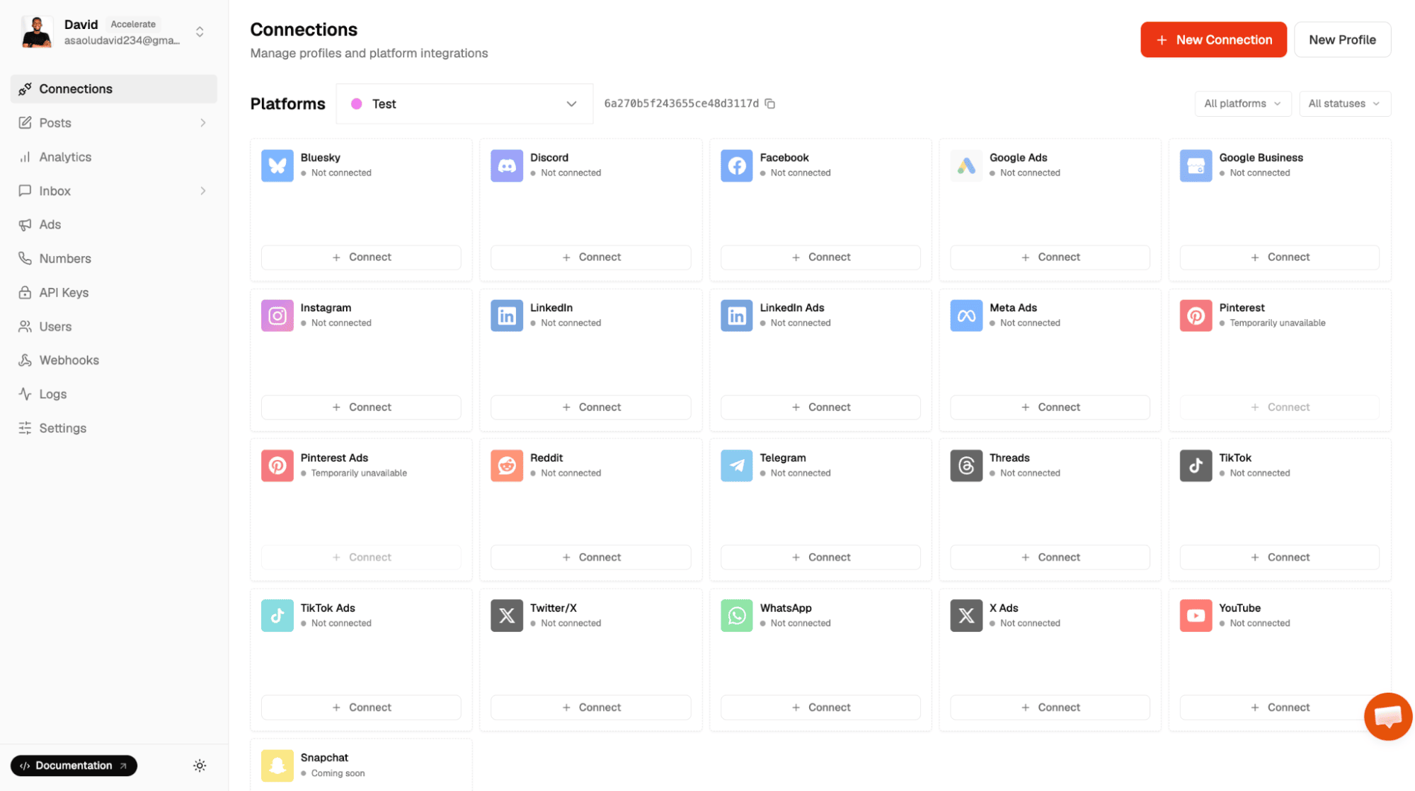 Zernio social account list