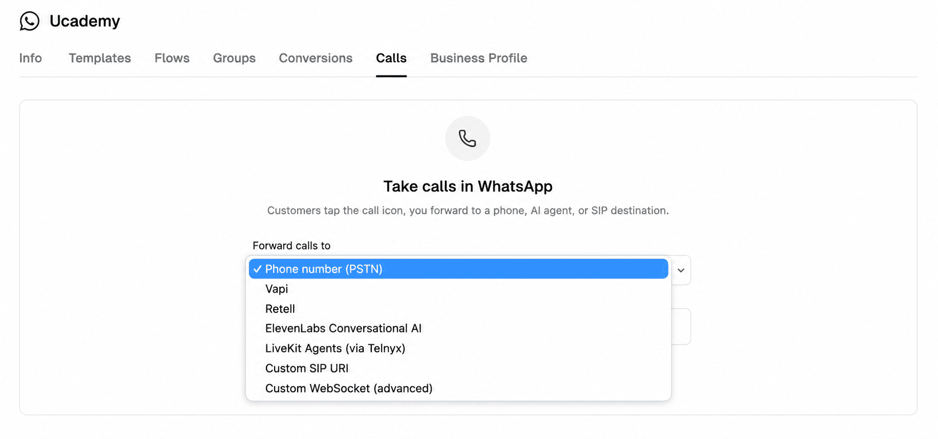 WhatsApp call forwarding setup in Zernio