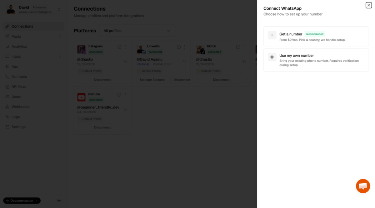 Connect WhatsApp number in Zernio