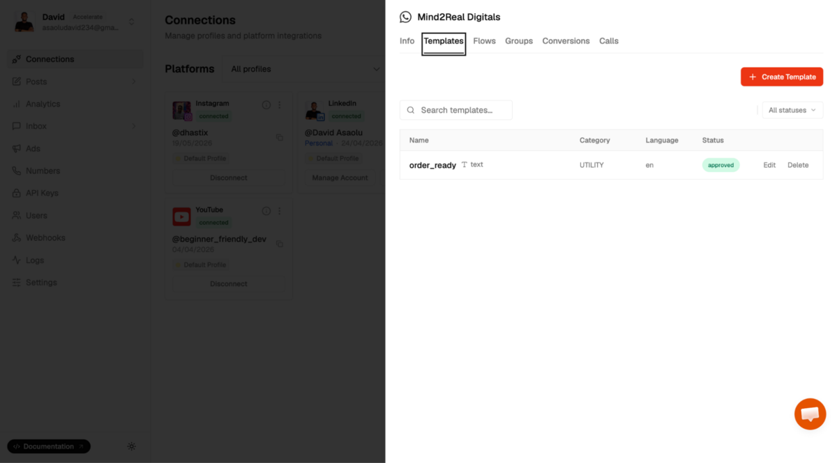WhatsApp template in Zernio
