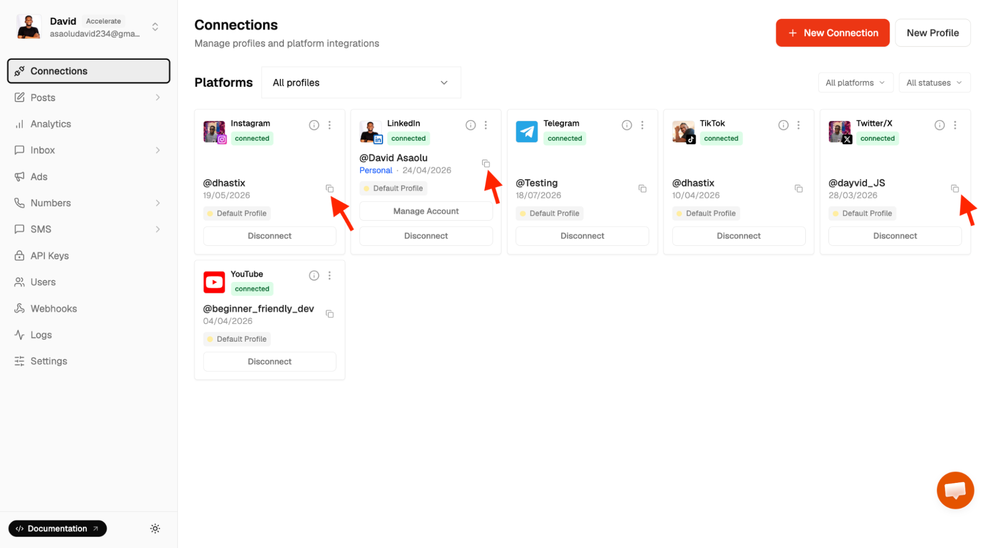 get social account ids from zernio